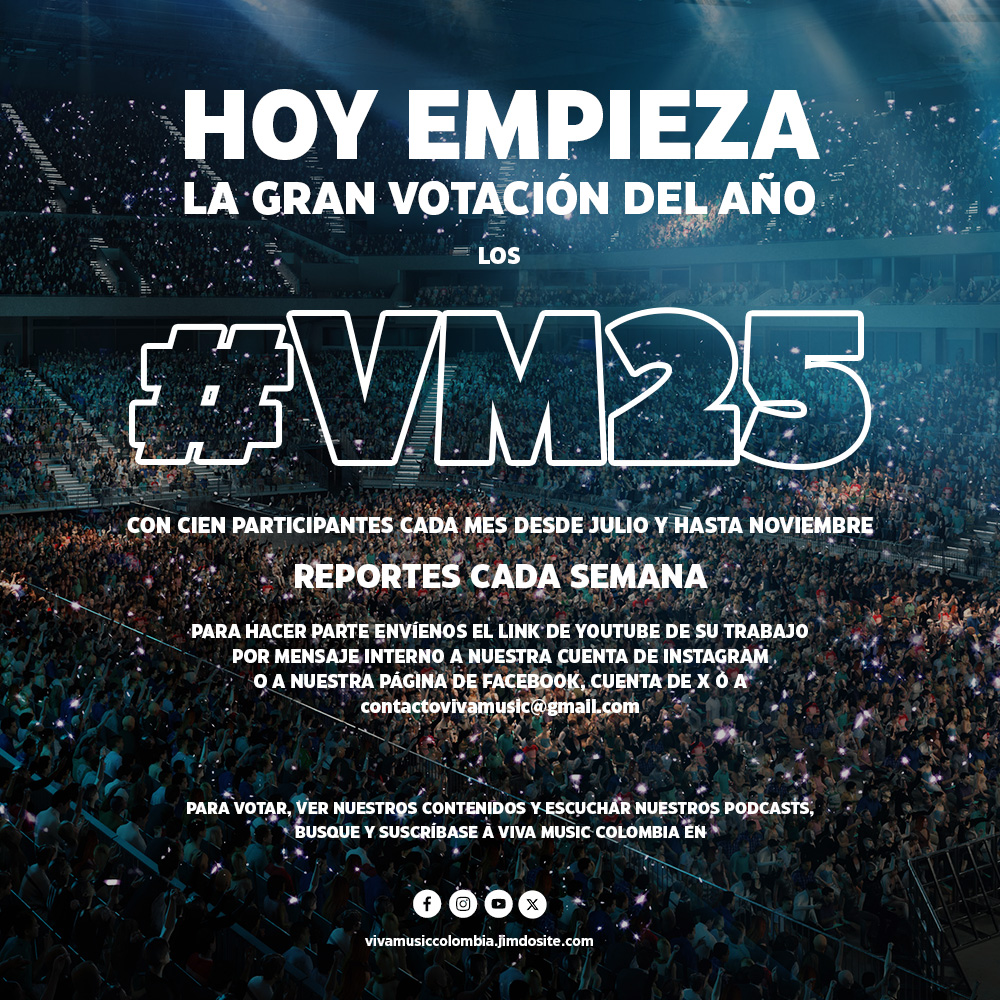 [LA GRAN VOTACIÓN] Empiezan los #VivaMusic25 con los primeros 100 participantes. Se puede votar en
x.com/vivamusiccolom…
facebook.com/vivamusiccolom…
instagram.com/vivamusiccolom…
youtube.com/@vivamusiccolo…
Instrucciones en cada cuenta y en
vivamusiccolombia.jimdosite.com
01-30 JUL #VM25