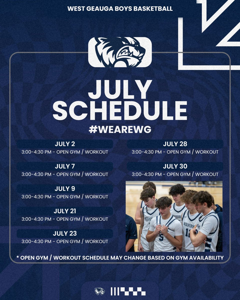 🏀🎆 JULY SCHEDULE 🎆 🏀

All it takes is getting 1% better each day! It’s a NEW month with NEW opportunities! Are you in?! 

#WeAreWG 🔥