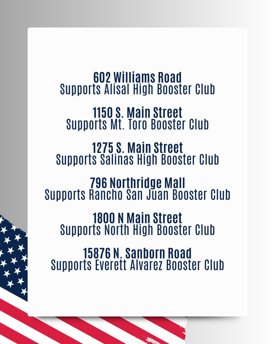 Are you celebrating the 4th of July? 

Before you grab your fireworks, consider purchasing from one of our local Safe and Sane stands! They directly support our school booster clubs! 
Here’s where you can find them:

📍 602 Williams Road – Alisal High Booster Club
📍 1150 S. Main