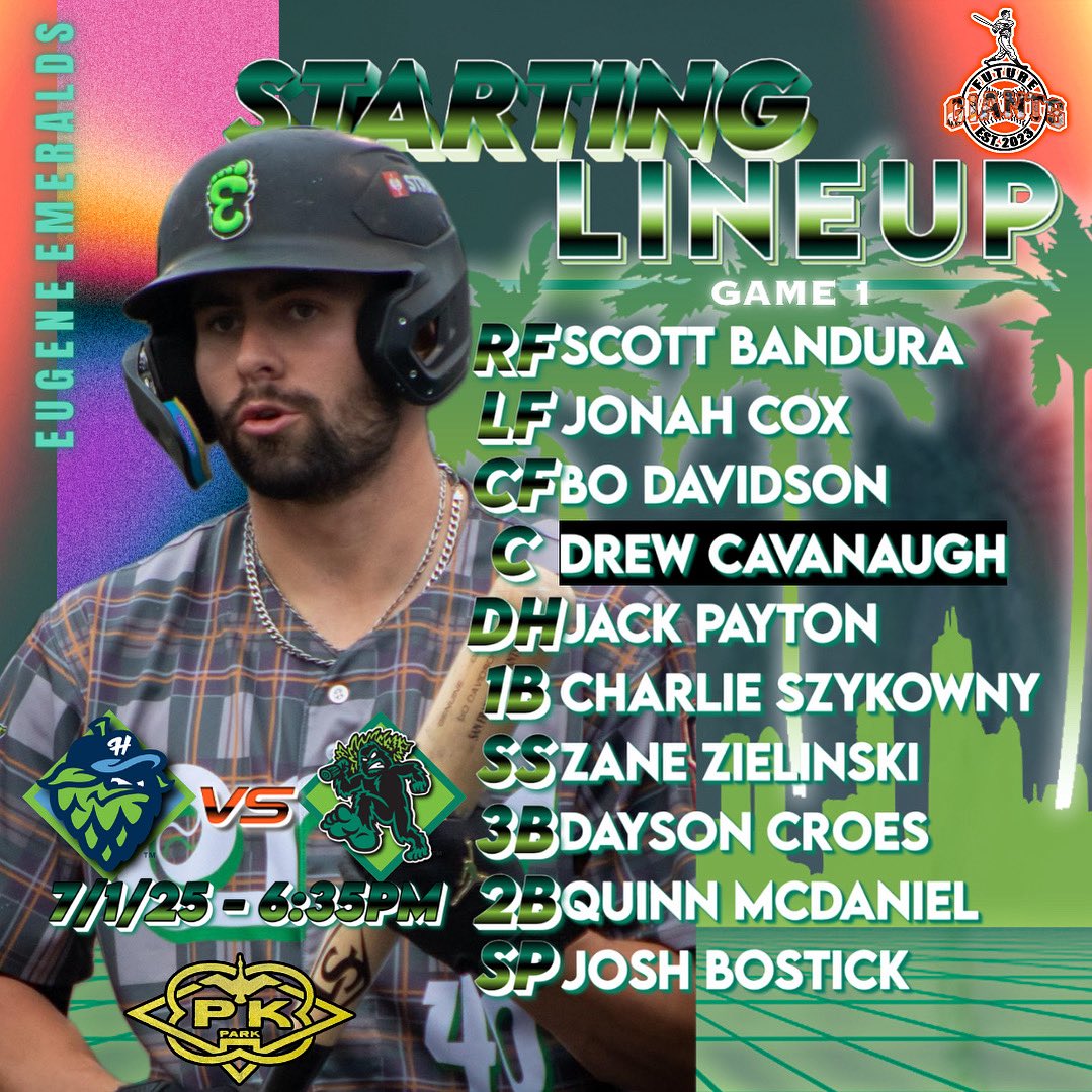 DCav’s ready for more at PK Park 😎

⏰- 6:35pm PT
🏟️- Funko Field
Starting Pitcher: Josh Bostick
📸- Candace Dotte / <a href="/EugeneEmeralds/">Eugene Emeralds</a>

#Ems70 #FutureGiants_ #OnlyInMiLb