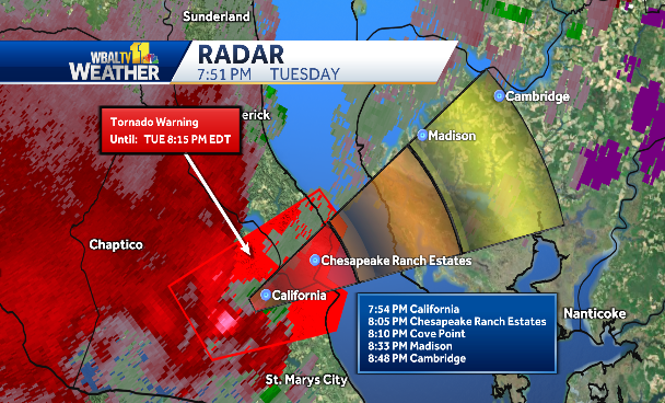 Tornado warning for St. Mary's and southern Calvert Counties until 8:15 pm.