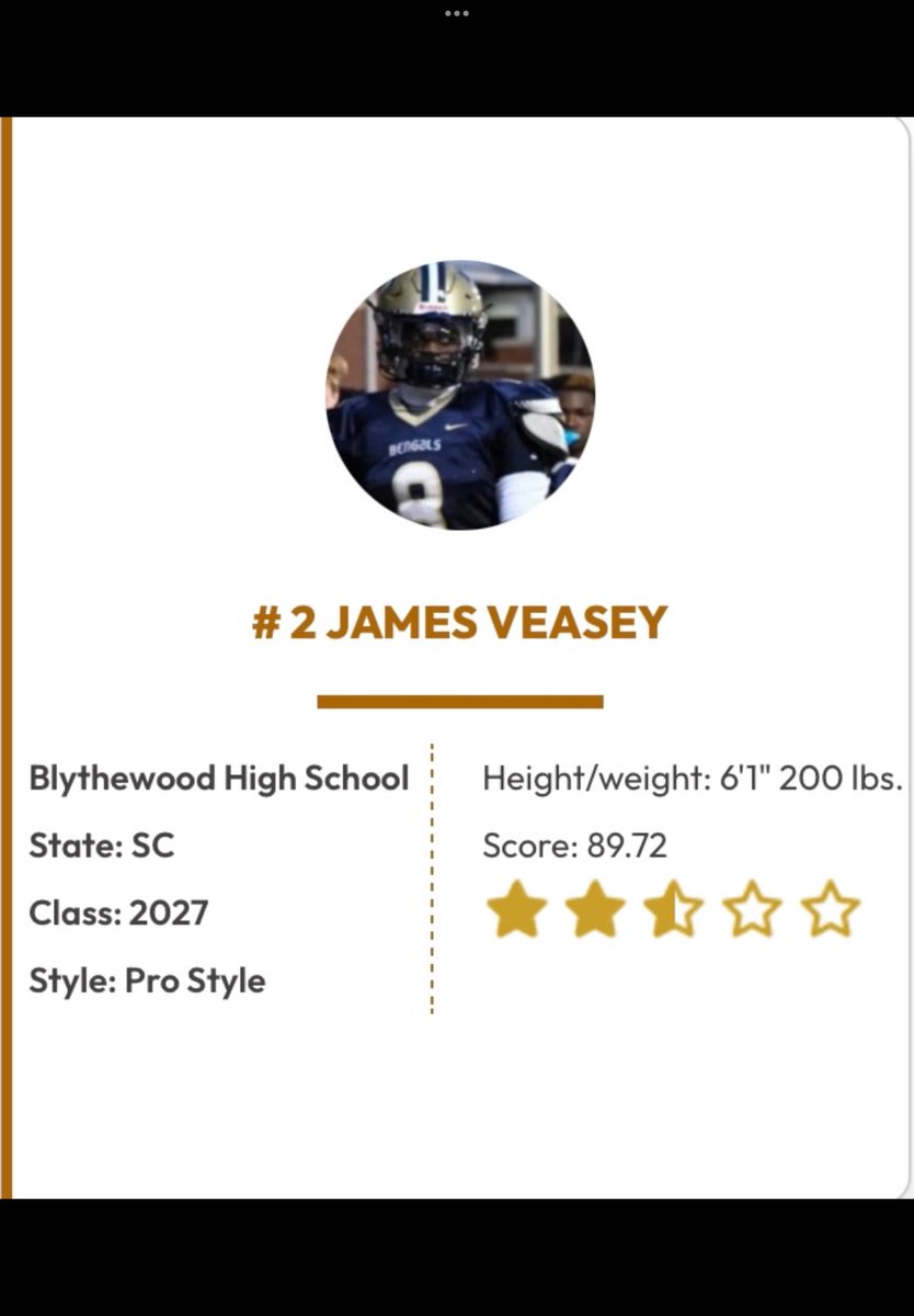 James “JV” Veasey (@jamesveasey14) on Twitter photo Thanks <a href="/QBHitList/">QBHitList.com</a> for my new ranking for this season. #2 pro style QB in the state for c/o 27. I’m still a work in progress, but still grinding.
<a href="/BHSBengalFB/">Blythewood Football</a> <a href="/BH_FBRecruiting/">Blythewood FB Recruits</a> <a href="/JMMartin59/">james martin</a> <a href="/PrepRedzoneSC/">Prep Redzone South Carolina</a> <a href="/QB1_Athletics/">QB1 Athletics</a> Thanks <a href="/QBHitList/">QBHitList.com</a> for my new ranking for this season. #2 pro style QB in the state for c/o 27. I’m still a work in progress, but still grinding.
<a href="/BHSBengalFB/">Blythewood Football</a> <a href="/BH_FBRecruiting/">Blythewood FB Recruits</a> <a href="/JMMartin59/">james martin</a> <a href="/PrepRedzoneSC/">Prep Redzone South Carolina</a> <a href="/QB1_Athletics/">QB1 Athletics</a>