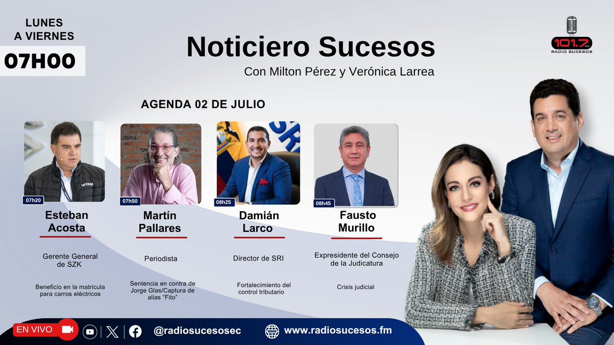 Radio Sucesos Ecuador (@radiosucesosec) on Twitter photo 📆 Agenda | de 02 de julio
Desde las 07h00 en #NoticieroSucesos junto a <a href="/miltonperezshTA/">Milton Pérez Shemesh</a> y <a href="/verocha16/">Vero Larrea</a> analizamos temas de interés con:
1️⃣ Esteban Acosta
2️⃣ Martín Pallares <a href="/Martinminguchi/">Martin Pallares</a>
3️⃣ Damián Larco <a href="/DamianLarcoG/">Damián Larco Guamán</a> <a href="/SRIoficialEc/">SRI Ecuador</a>
4️⃣ Fausto Murillo <a href="/FaustoMurilloEC/">Fausto Murillo Fierro</a> 📆 Agenda | de 02 de julio
Desde las 07h00 en #NoticieroSucesos junto a <a href="/miltonperezshTA/">Milton Pérez Shemesh</a> y <a href="/verocha16/">Vero Larrea</a> analizamos temas de interés con:
1️⃣ Esteban Acosta
2️⃣ Martín Pallares <a href="/Martinminguchi/">Martin Pallares</a>
3️⃣ Damián Larco <a href="/DamianLarcoG/">Damián Larco Guamán</a> <a href="/SRIoficialEc/">SRI Ecuador</a>
4️⃣ Fausto Murillo <a href="/FaustoMurilloEC/">Fausto Murillo Fierro</a>
