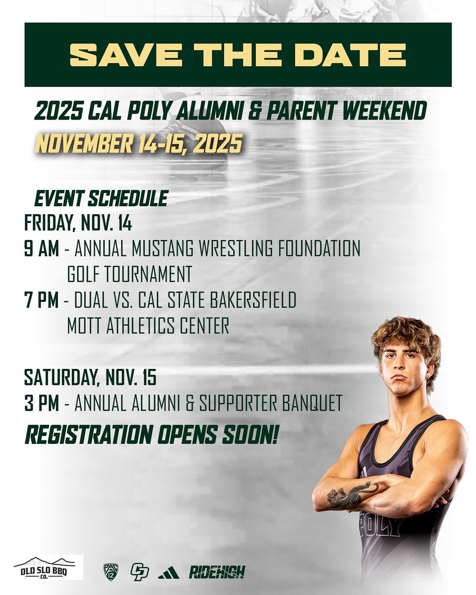 CalPolyWrestle's tweet image. 𝙎𝘼𝙑𝙀 𝙏𝙃𝙀 𝘿𝘼𝙏𝙀 🗓️
Mark those calendars and clear your schedule, our annual Alumni and Parent Weekend is set for Nov. 14-15!! More information on signing up will be released soon!
#RideHigh🐎 | #HorsePower