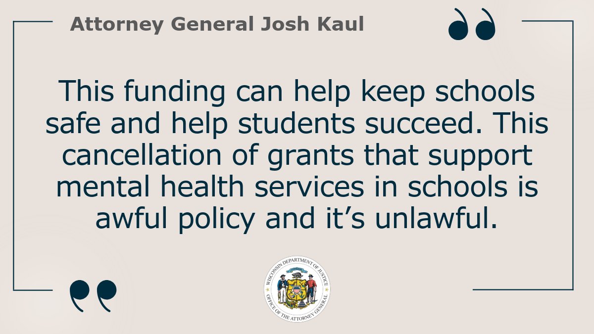 WisDOJ's tweet image. AG Kaul Sues U.S. Department of Education Over School Mental Health Cuts: wisdoj.gov/PressReleases/…