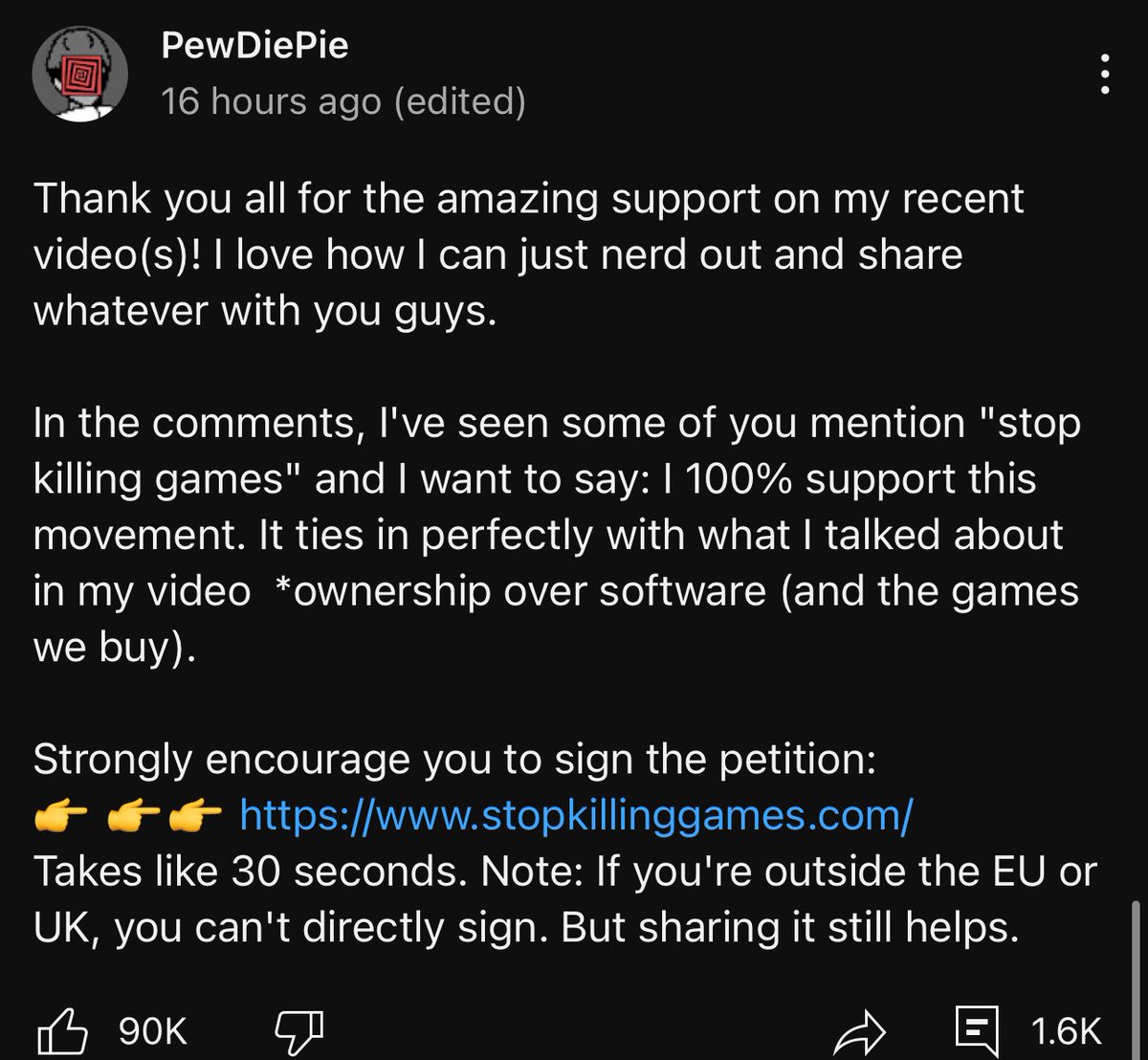 The heavy hitters came out today in support of the Stop K*lling Games initiative 

Jacksepticeye and PewDiePie lead the pack