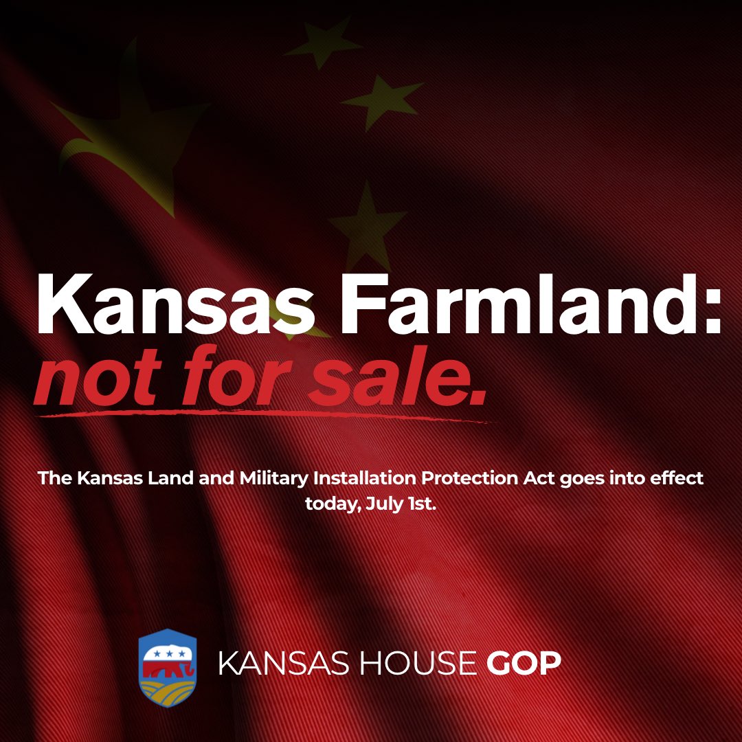 Today, The Kansas Land and Military Installation Protection Act officially becomes law. 

Kansas House Republicans led the charge on this long overdue legislation which blocks foreign adversaries such as China, Russia and Iran from buying land near Kansas military sites. #ksleg