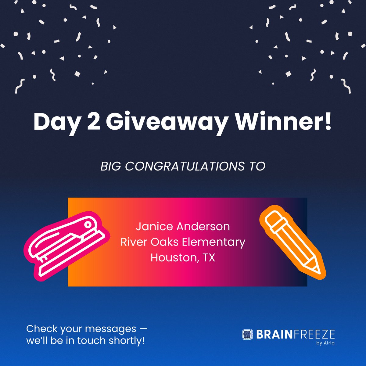 BrainFreeze_AI's tweet image. 🎉 Congrats to our Day 2 #ISTE25 Giveaway Winner: Janice Anderson from River Oaks Elementary in Houston, TX!
They won a $100 Amazon Gift Card! 🎁
Scan the QR at Booth #1121 + follow us to enter tomorrow’s final giveaway + the grand prize! 🏆
No need to be present to win.