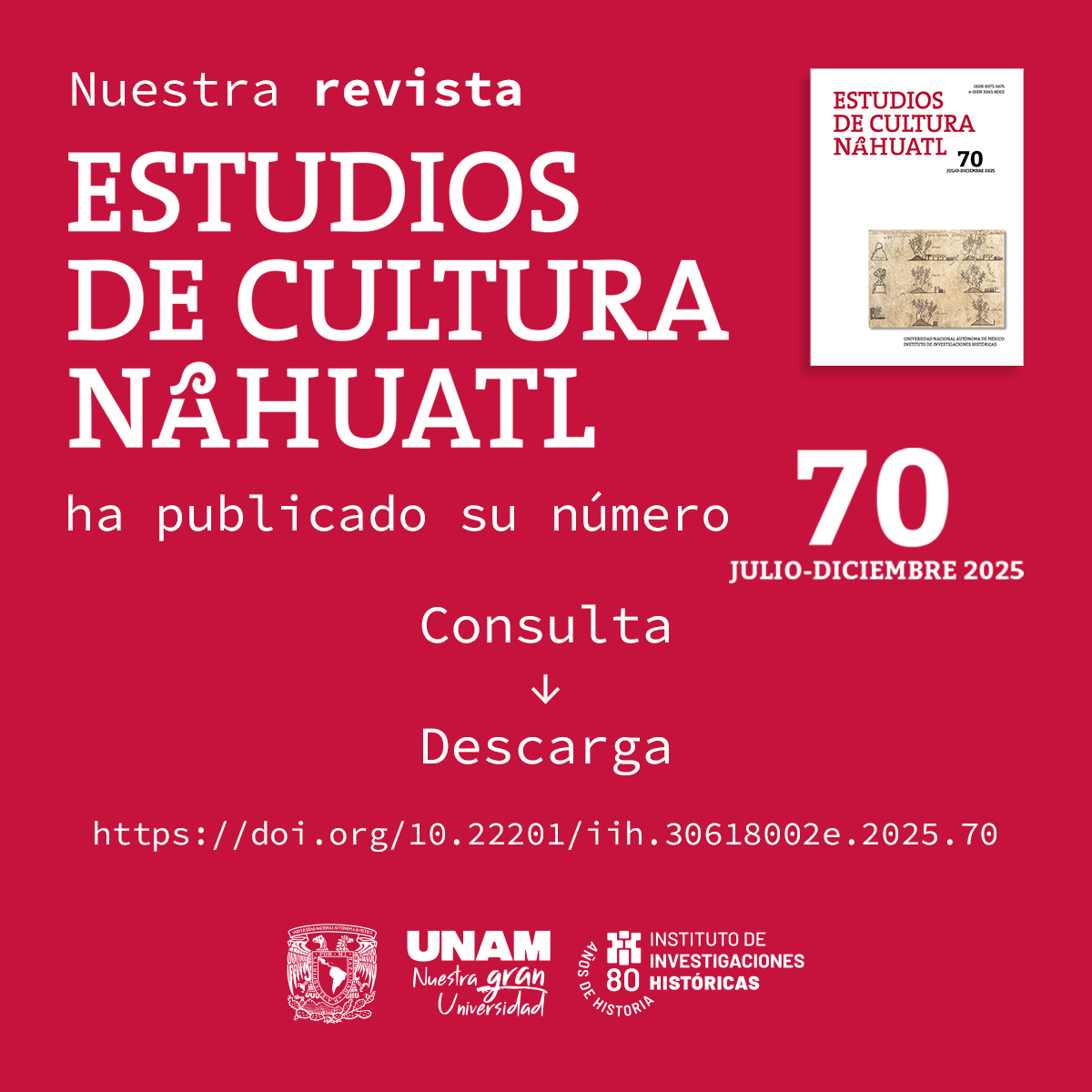 UNAM_Historicas's tweet image. ¡Novedad editorial!
El volumen 70 de nuestra revista Estudios de Cultura Náhuatl reúne artículos que analizan textos en lengua náhuatl consignados en distintos sistemas de escritura.
Consulta y descarga:
doi.org/10.22201/iih.3…