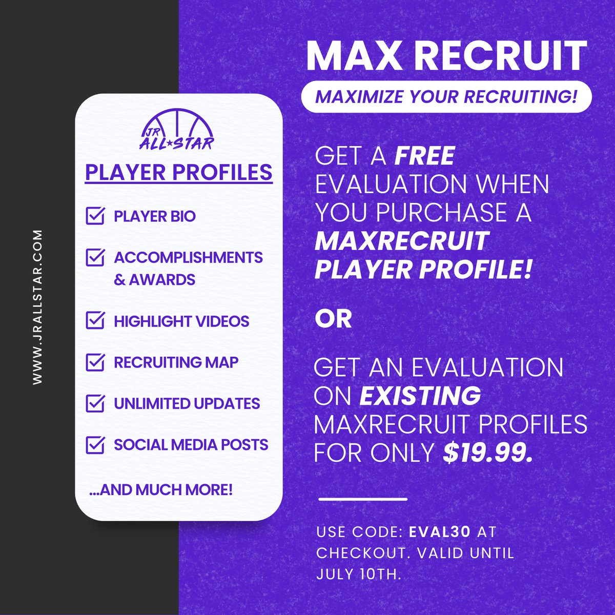 Get an expert evaluation on your 𝙈𝘼𝙓𝙍𝙀𝘾𝙍𝙐𝙄𝙏 𝙋𝙇𝘼𝙔𝙀𝙍 𝙋𝙍𝙊𝙁𝙄𝙇𝙀! 📈 Use code: eval30 at checkout. 

Don't have a MaxRecruit Player Profile yet?
🔗 jrallstar.com/product/jas-ev…

Already have a MaxRecruit Player Profile?
🔗 jrallstar.com/product/jr-all…