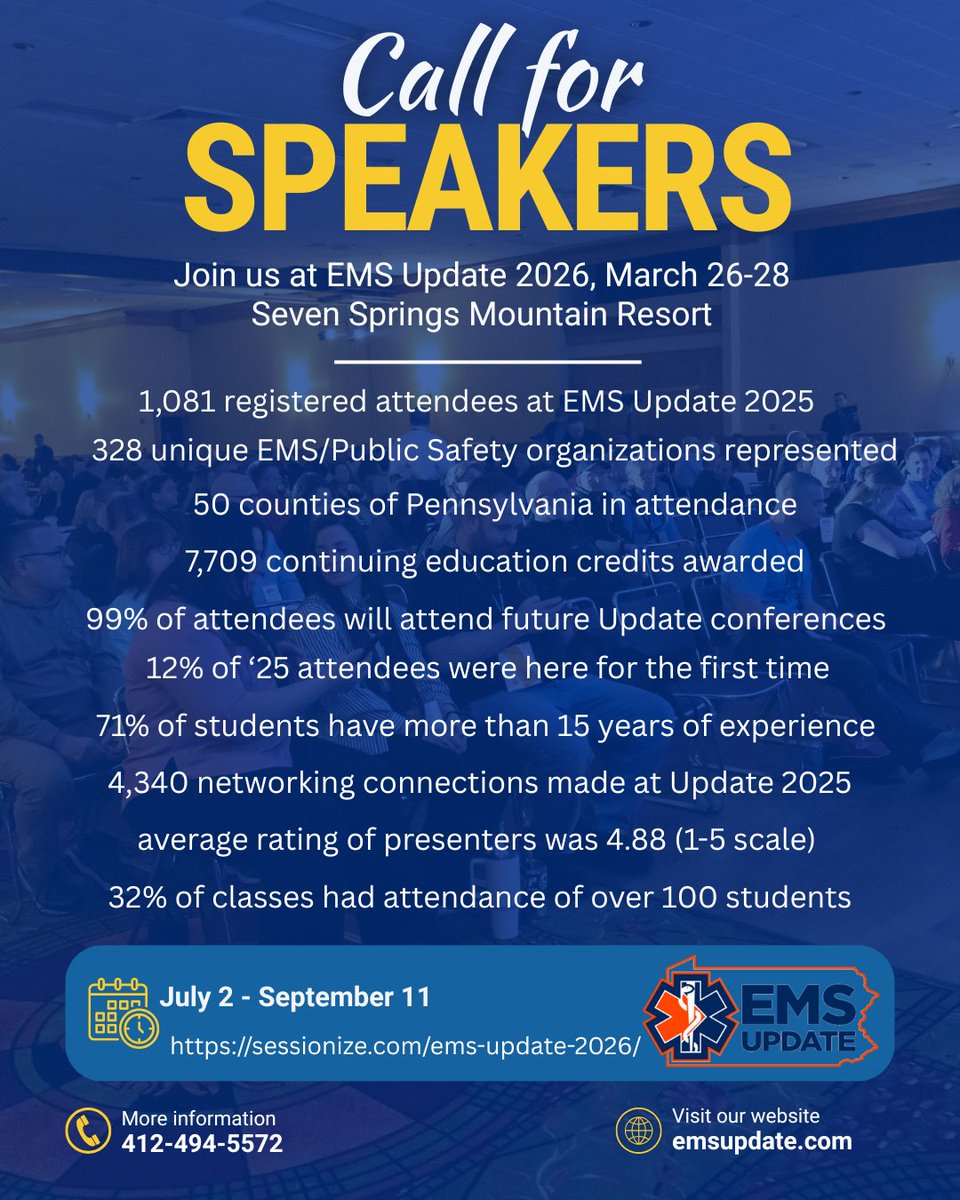 Our EMS Update 2026 Call for Speakers is now available (until September 11, 2025).  

We have moved to a new format to accept, evaluate and manage our call for speakers and speaker management.  You will need to visit sessionize.com/ems-update-202… begin your submission.