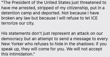 brittanys's tweet image. .@ZohranKMamdani responds to President Trump's remark suggestion to arrest him if he pushes back on ICE as mayor: "We will not accept this intimidation."