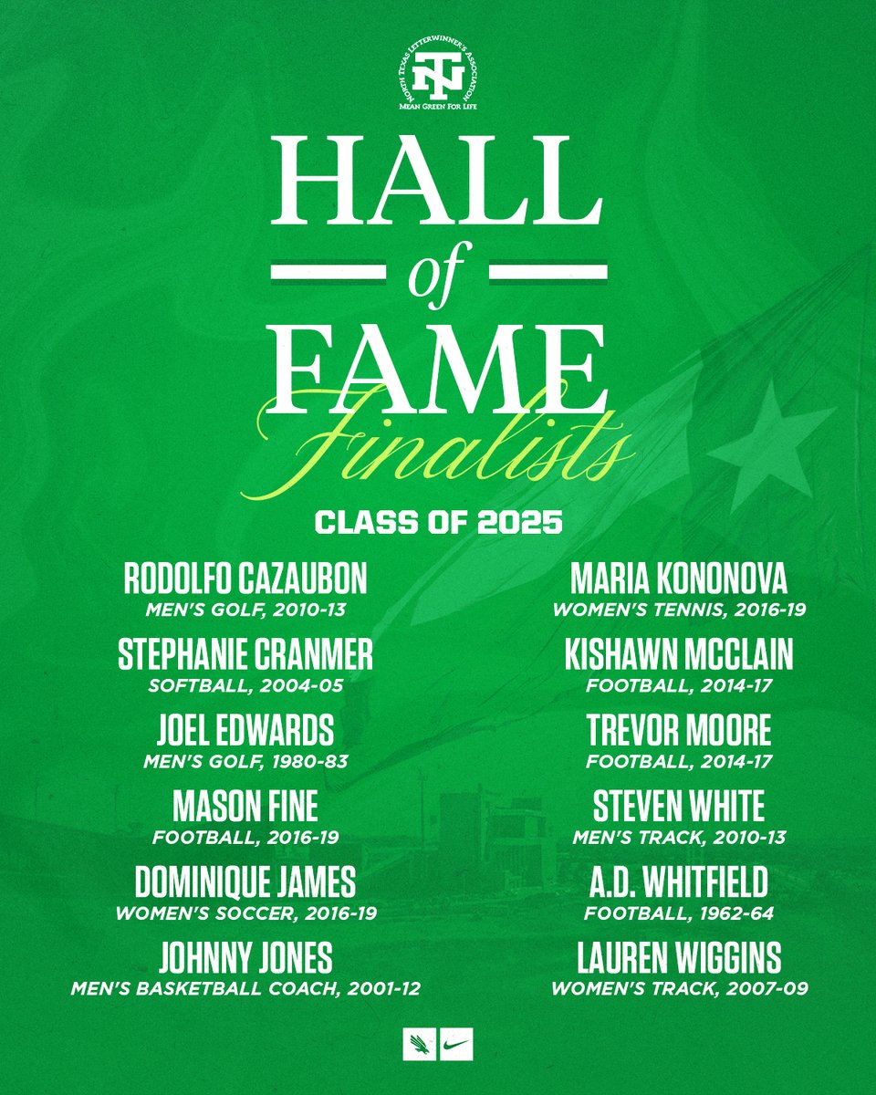 The finalists for the UNT Athletics Class of 2025 Hall of Fame!

12 nominees boast 33 all-conference awards, three All-America awards, and numerous academic accolades

📰 ️ northtex.as/4l9C4rv

#GMG🟢🦅