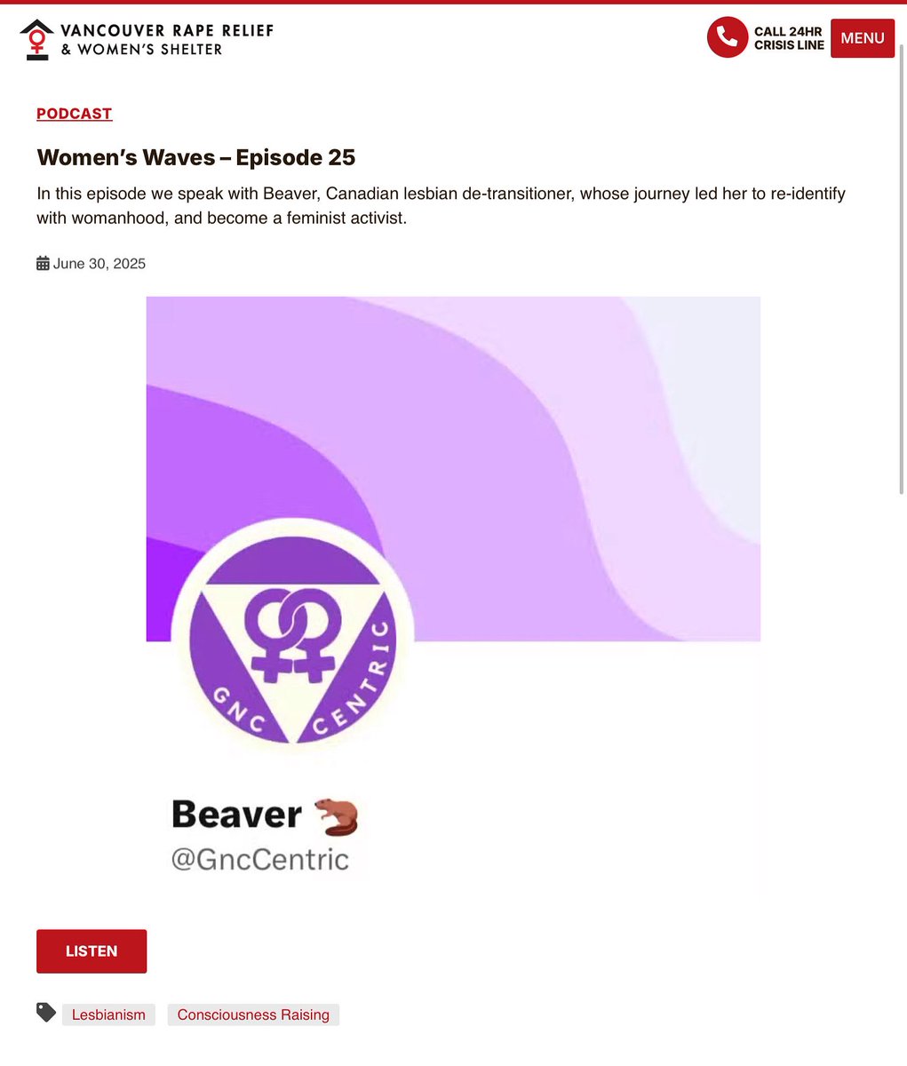 VancouverRapeRelief (@vanraperelief) on Twitter photo New Women’s Waves episode is out!
In this episode we speak with Beaver (<a href="/GncCentric/">Beaver 🦫</a>) - Canadian #lesbian de-transitioner, #feminist activist.
Listen here rapereliefshelter.bc.ca/womens-waves-e…
Email us your questions to our follow up conversation with Beaver info@vrrws.ca New Women’s Waves episode is out!
In this episode we speak with Beaver (<a href="/GncCentric/">Beaver 🦫</a>) - Canadian #lesbian de-transitioner, #feminist activist.
Listen here rapereliefshelter.bc.ca/womens-waves-e…
Email us your questions to our follow up conversation with Beaver info@vrrws.ca