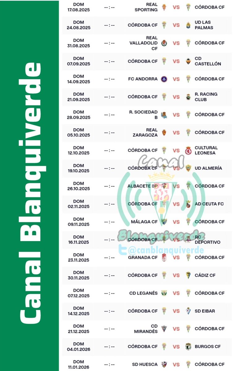 canblanquiverde's tweet photo. 📅 CALENDARIO COMPLETO #CórdobaCF 25/26

#futmasc #LaLigaHypermotion #SegundaDivisión https://t.co/Tg8Adkmkbd