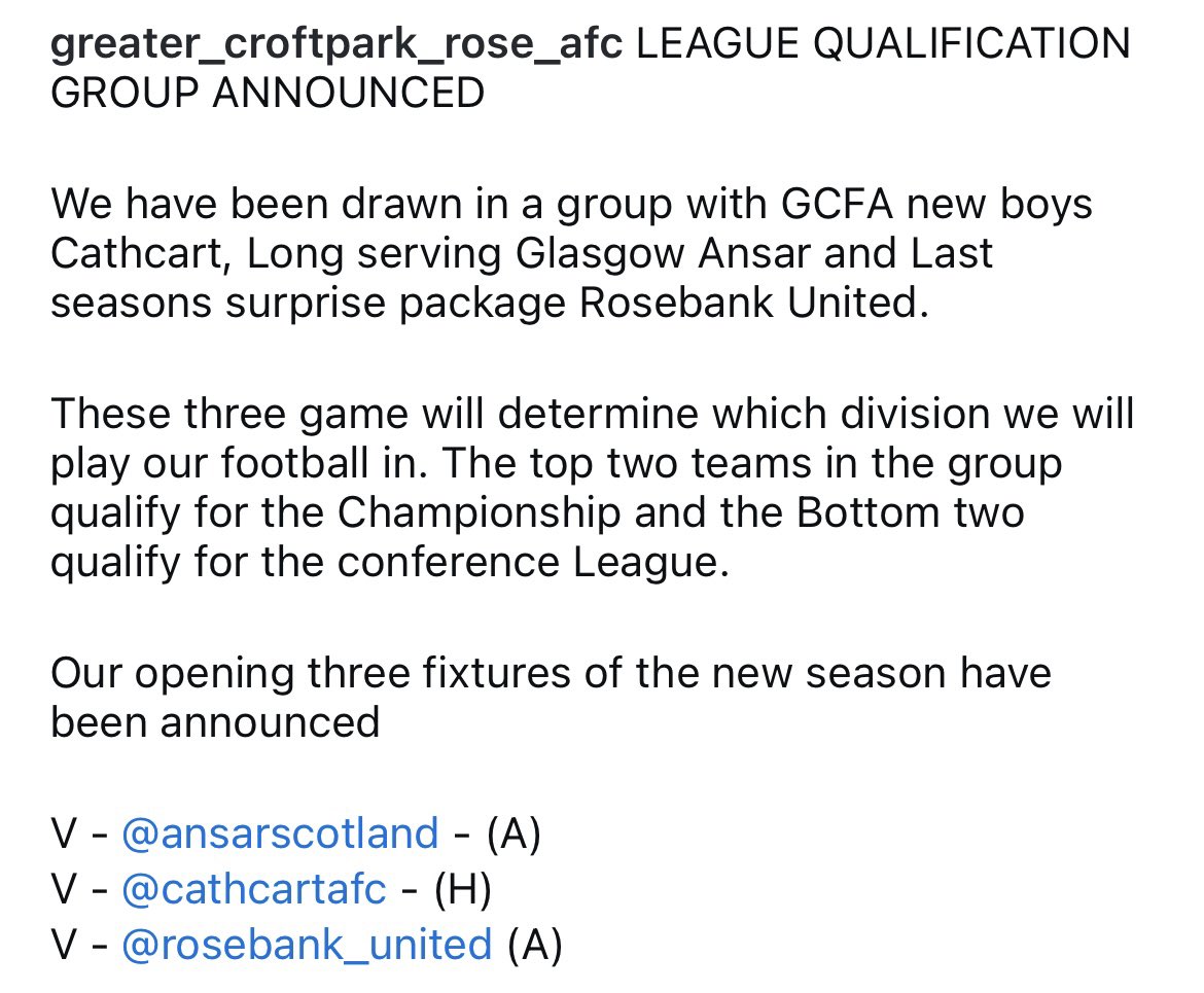 Greater Croftpark Rose (@greatcroftrose) on Twitter photo ‼️NEW SEASON UPDATE ‼️
League qualification groups and the opening three fixtures have been announced.
<a href="/RosebankUtdAm/">Rosebank Utd</a> <a href="/GlasgowANSAR101/">Glasgow ANSAR</a> <a href="/CathcartAFC/">Cathcart Amateurs</a> <a href="/scottish_aff/">AmateurFixturesResultsSCO</a> <a href="/GlasCollegesFA/">Glasgow Colleges FA</a> <a href="/FitbaFanatics/">FITBA FAN-ATICS 🏴⚽</a> <a href="/ftsc0res/">fulltimesc0res</a> ‼️NEW SEASON UPDATE ‼️
League qualification groups and the opening three fixtures have been announced.
<a href="/RosebankUtdAm/">Rosebank Utd</a> <a href="/GlasgowANSAR101/">Glasgow ANSAR</a> <a href="/CathcartAFC/">Cathcart Amateurs</a> <a href="/scottish_aff/">AmateurFixturesResultsSCO</a> <a href="/GlasCollegesFA/">Glasgow Colleges FA</a> <a href="/FitbaFanatics/">FITBA FAN-ATICS 🏴⚽</a> <a href="/ftsc0res/">fulltimesc0res</a>