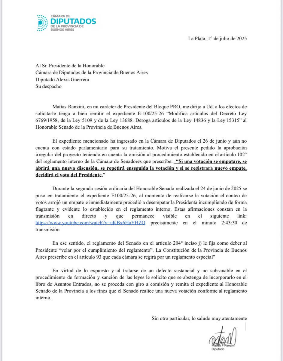 Matias Ranzini (@matiranzini) on Twitter photo Hoy le pedรญ al Presidente de <a href="/HCDiputadosBA/">Diputados BA</a> que el expediente de las reelecciones se devuelva al Senado para que sea tratado conforme al reglamento establecido. ๐๐ผ๐๐ผ๐๐ผ Hoy le pedรญ al Presidente de <a href="/HCDiputadosBA/">Diputados BA</a> que el expediente de las reelecciones se devuelva al Senado para que sea tratado conforme al reglamento establecido. ๐๐ผ๐๐ผ๐๐ผ