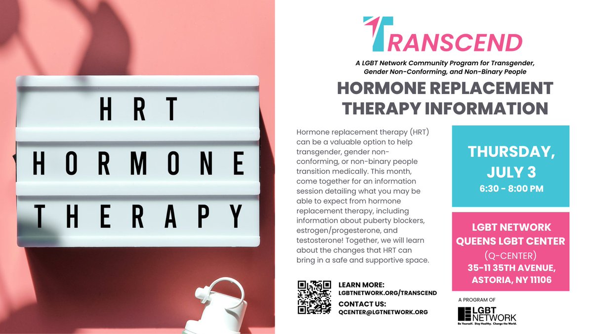 NYLGBTNetwork's tweet image. 🚨 This Thursday: Learn everything you need to know about HRT (hormones, puberty blockers &amp;amp; more) in a safe, affirming space.
📍Queens LGBT Center
🗓 July 3 | 6:30–8 PM
🔗 lgbtnetwork.org/transcend
#TransHealth #HRT #LGBTQSupport