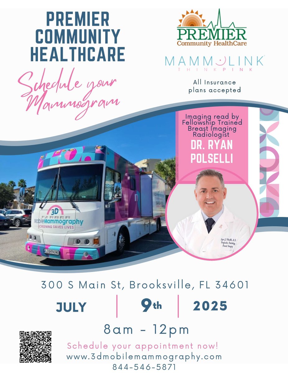 🎀 Brooksville, your health matters!
Join us for our 1st Mammogram Bus Event
📅 Wed, July 9 | ⏰ 8AM–12PM
📍 300 S Main St, Brooksville, FL

✅ Insured &amp; uninsured welcome
✅ No referral needed (40+)
✅ 3 spots left! 🎟️

🔗 3dmobilemammography.com 
📞 Questions? 844-546-5871