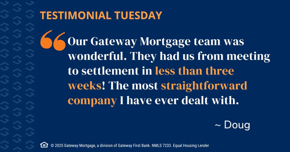 We just received an amazing review from a customer who closed on their home in just three weeks! They called Gateway “the most straightforward company” they’ve ever dealt with.

Fast, clear, and committed to your journey — that’s the Gateway difference. 💙

#TestimonialTuesday