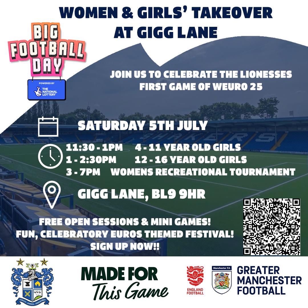 buryfcofficial's tweet photo. 🎉 We are proud to be hosting the FA Big Football Day at Gigg Lane this Saturday!

📅 Sat 5th July
🕘 From 9am

Come and celebrate the beautiful game with us! 💙

🔗 https://t.co/WfXEJWbP0t

#BuryFC | #FABigFootballDay https://t.co/kDkDXQvTRO