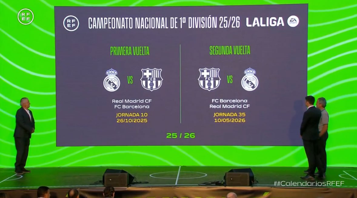 samleveridge's tweet image. Do we still need to pretend to be shocked about a Bernabéu Clásico in October and a Camp Nou Clásico in May?