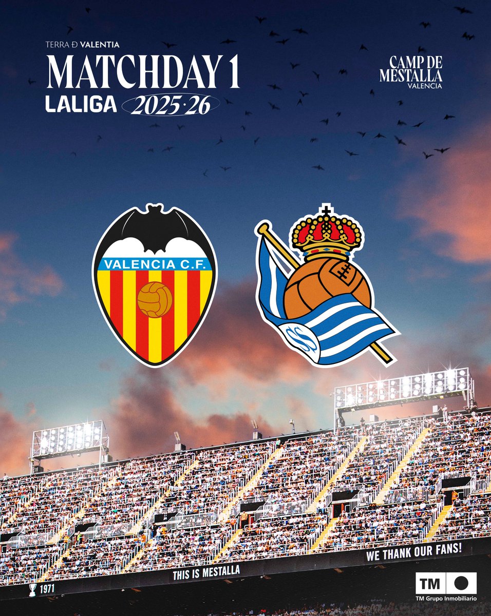 Ya conocemos nuestro primer rival en <a href="/LaLiga/">LALIGA</a> 2025-26 ⚽

Nos enfrentaremos en la primera jornada ante la <a href="/RealSociedad/">Real Sociedad Fútbol</a> en el Camp de #Mestalla 🏟️🦇

#ADNVCF