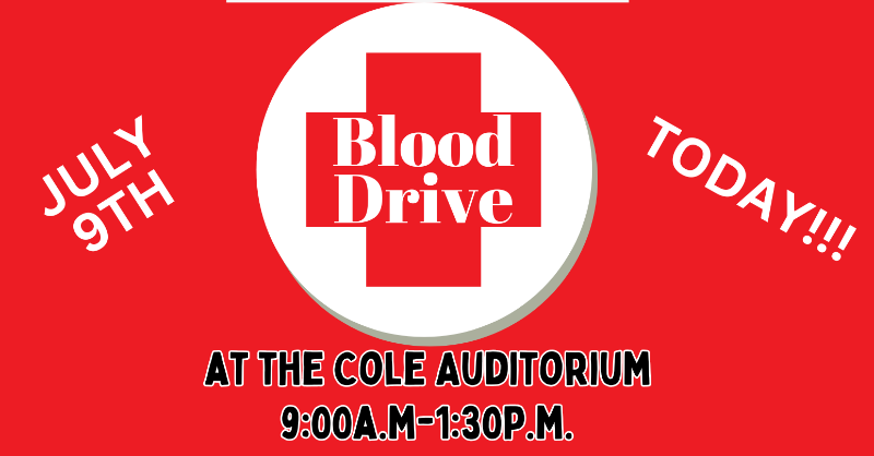 coleaud's tweet photo. Role up your sleeve and save a life today! The American Red Cross will be at the Cole Auditorium today (7/9/25) from 9:00 AM - 1:30 PM. 

Sign up for an appointment at https://t.co/ju0PuSrAmk