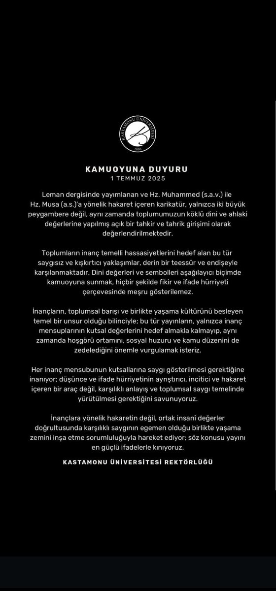 Toplumumuzun temel değerlerini, dini değerlerini ve inançlarını hedef alan saygısızlıkları ve provokasyonları reddediyor, en güçlü ifadelerle kınıyoruz.

Kamuoyuna saygıyla duyurulur.