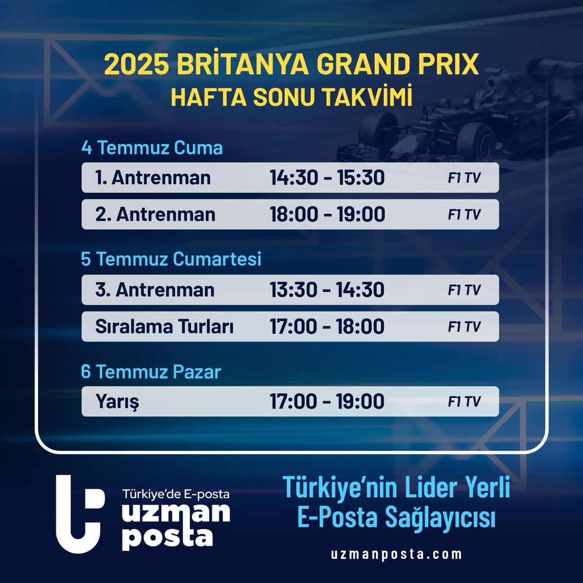 F1tutkumuz's tweet photo. 🔥FORMULA 1 HEYECANI SILVERSTONE'DA YAŞANACAK!

🇬🇧Britanya Grand Prix'sinin yayın akışı sizlerle.  

#BritishGP | #F1 https://t.co/ACFCqHZCey