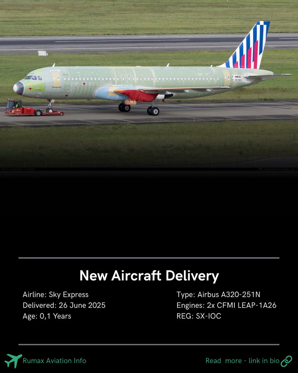 RumaxAviation's tweet image. Photo Credits: DN280

#SkyExpress #NewAircraft #AircraftDelivery #AirbusA320neo #A320251N #SXIOC #LEAP1A26 #GreenLivery #PrimerLivery #JetPhotos #AvGeek #PlaneSpotting #AviationDaily #RumaxAviationInfo #ModernAirliner #AirbusLovers #RunwayViews #CFMIEngines #AviationLovers