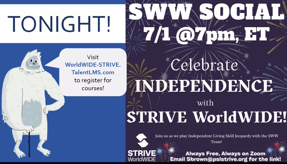 New Jersey Self-Advocacy Project (@njsap) on Twitter photo A big thanks to Sara and Michelle for today's webinar on Brain Fitness!
If you want to spend some more time with them to play more educational games: Join STRIVE WorldWIDE tonight for their 7/1 social at 7pm!
Email Sara at sbrown@pslstrive.org for the link! A big thanks to Sara and Michelle for today's webinar on Brain Fitness!
If you want to spend some more time with them to play more educational games: Join STRIVE WorldWIDE tonight for their 7/1 social at 7pm!
Email Sara at sbrown@pslstrive.org for the link!
