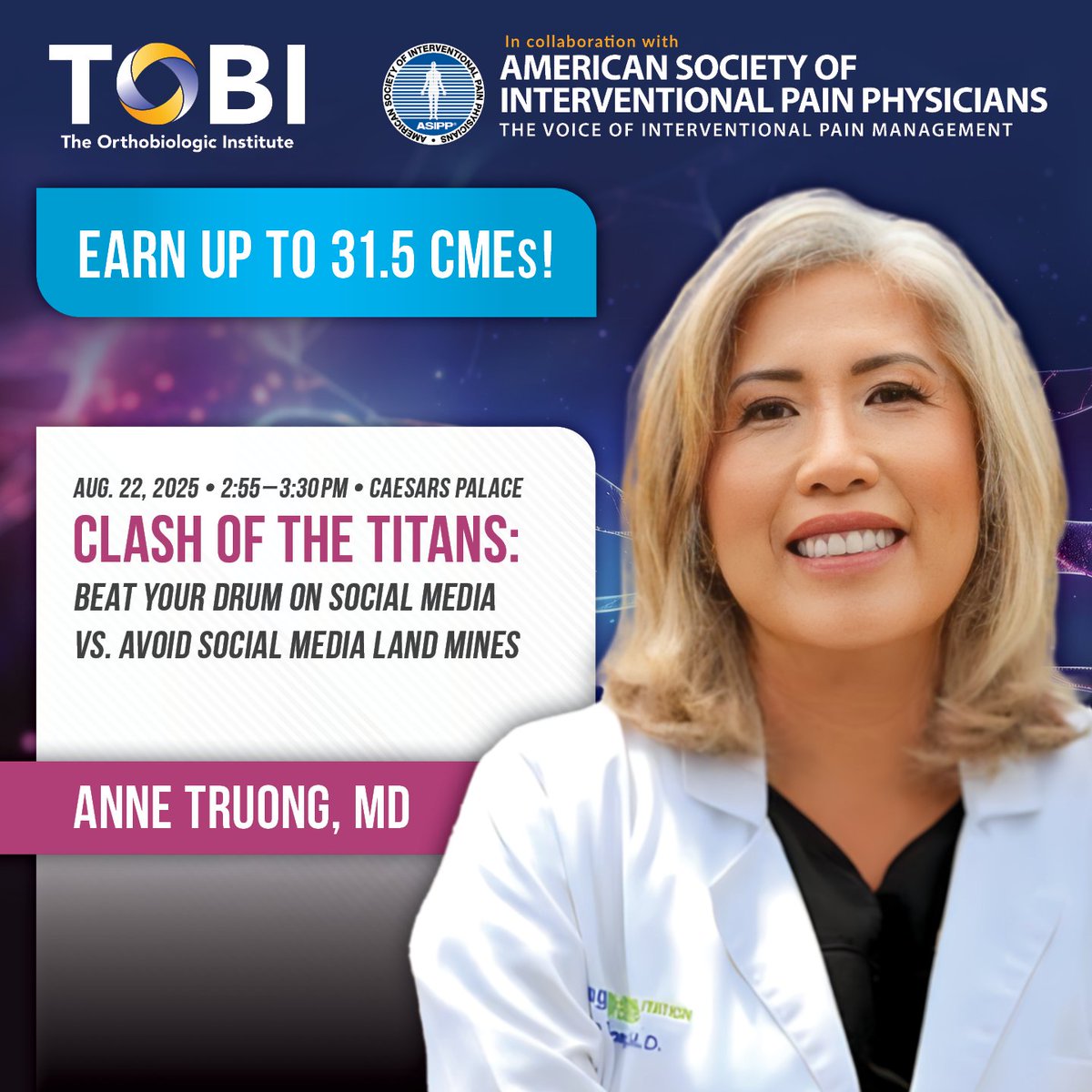 How do you grow a thriving practice in today’s landscape? Join Anne Truong, MD at the 16th Annual TOBI Symposium in collaboration with ASIPP and find out!

🔗 Register: asippmeeting.com/ob32lZ
🔗 Agenda: asipp.org/0825-tobi-annu…

#RegenerativeMedicine #Orthobiologics