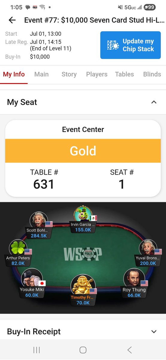 TimFrazin's tweet photo. Here we go Day 2 @WSOP event 77 Stud 8. Let's win some$ for @StakeKings  85 left pays 26.  Need some good luck https://t.co/81WNnsRmm9