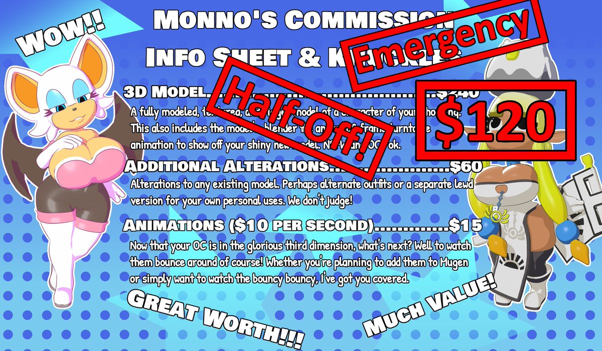 I just had some money fall through, and now need some quick cash to make rent. Weeee

So model comms are half off! Only $120 for a limited time. First come, first serve, and taking as many as I need. ^^;