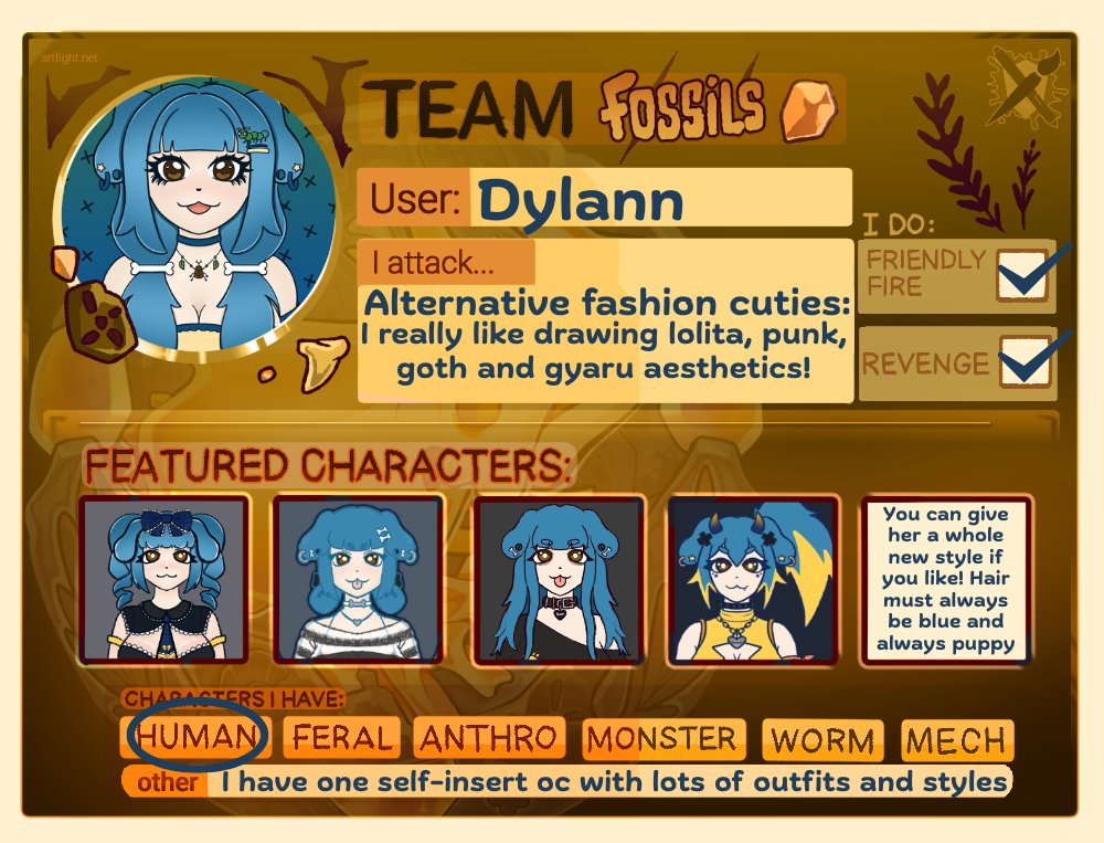 DylannsDead's tweet photo. 🦴Finally made my artfight card ! 🐾
💛 Team fossils 💛 https://t.co/nQfnXuIxG9