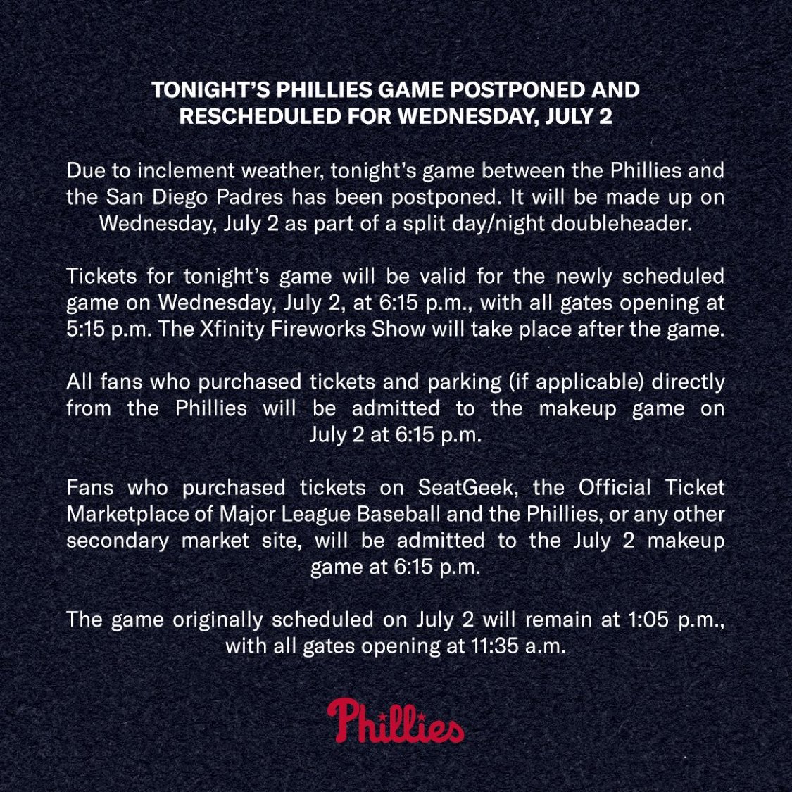 ☔️ Tonight's Phillies game and fireworks show has been postponed and rescheduled for tomorrow night, Wednesday, July 2nd