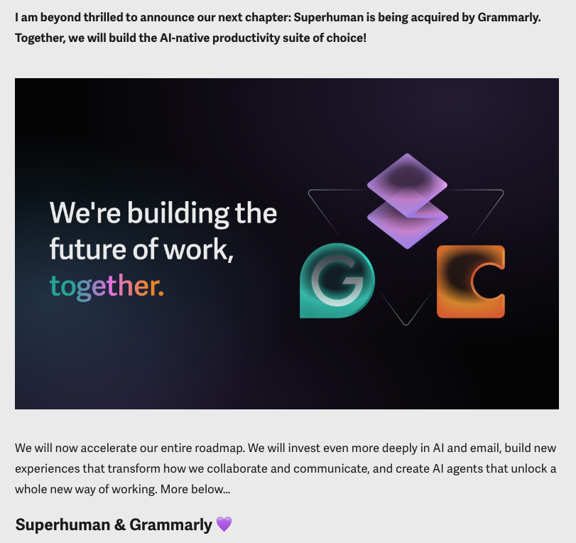 Really excited about the 'AI-native productivity suite'!
Congratulations <a href="/Superhuman/">Superhuman</a> <a href="/Grammarly/">Grammarly</a>