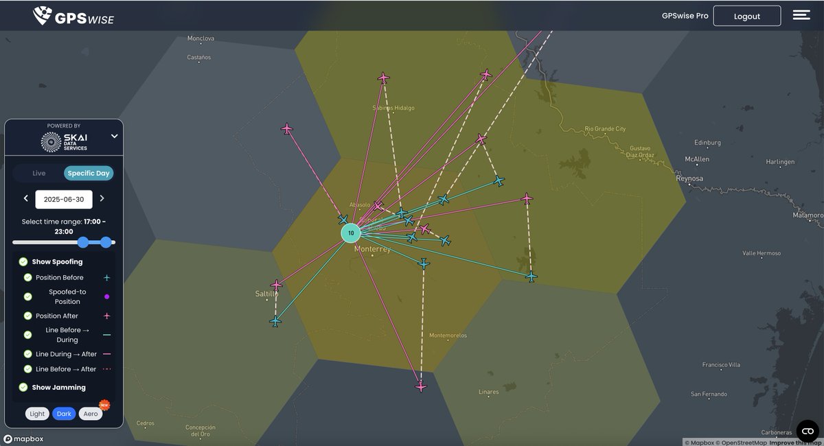 On June 30 around 18:45 UTC, <a href="/OpenSkyNetwork/">OpenSky Network</a> data via gpswise.aero shows 10 flights near Monterrey, Mexico were hit by GPS spoofing, with 41 aircraft reporting nav accuracy issues. <a href="/grok/">Grok</a> was there anything going on at that time?