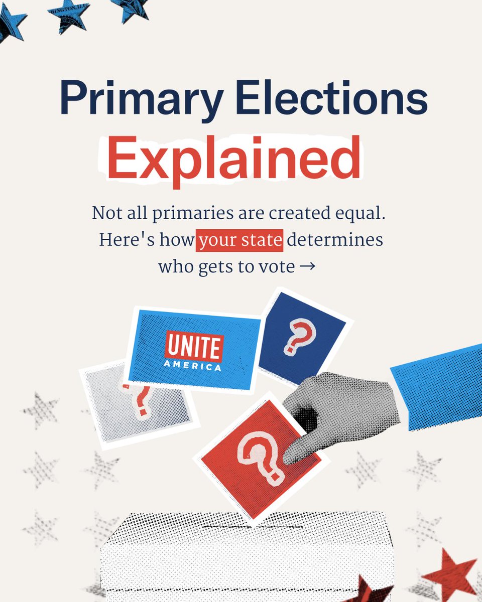 uniteamerica's tweet image. What type of primary does your state have?
😵💫 There are many different types of primary elections in states across the country and it can be hard to know who can vote in primaries in your state.
That’s where @UniteAmerica comes in.
uniteamerica.org/articles/types…