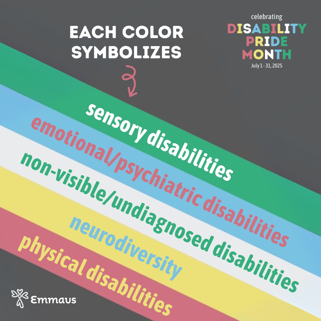 EmmausHomesInc's tweet photo. July is #DisabilityPrideMonth! 🌈 Let’s celebrate identity, empowerment &amp; inclusion. The Disability Pride Flag symbolizes strength, creativity &amp; diversity. At Emmaus, we’re proud to support a more inclusive world—this month &amp; every month. 💚 #InclusionMatters #EmmausSupports https://t.co/kcswf4rZGW