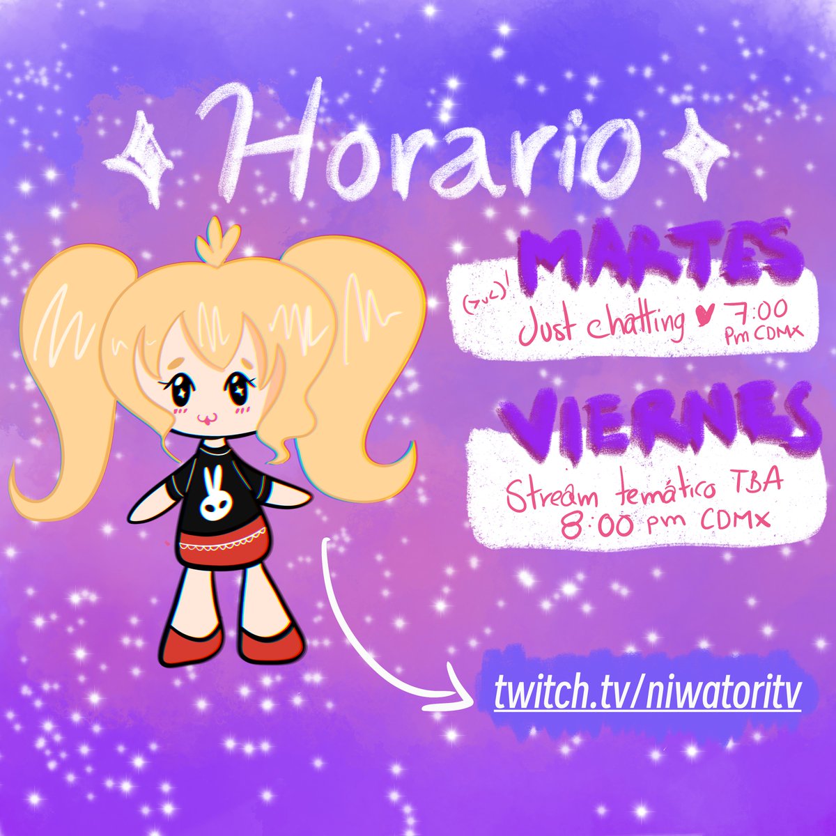 ¡QUÉ UN HORARIO SEMANAL DE EMIKO! ¿CÓMO ES ESO POSIBLE! Pues si my frieeeends~ Ahí andare en twitchesito esos días para platicar, See ya next time~⭐️