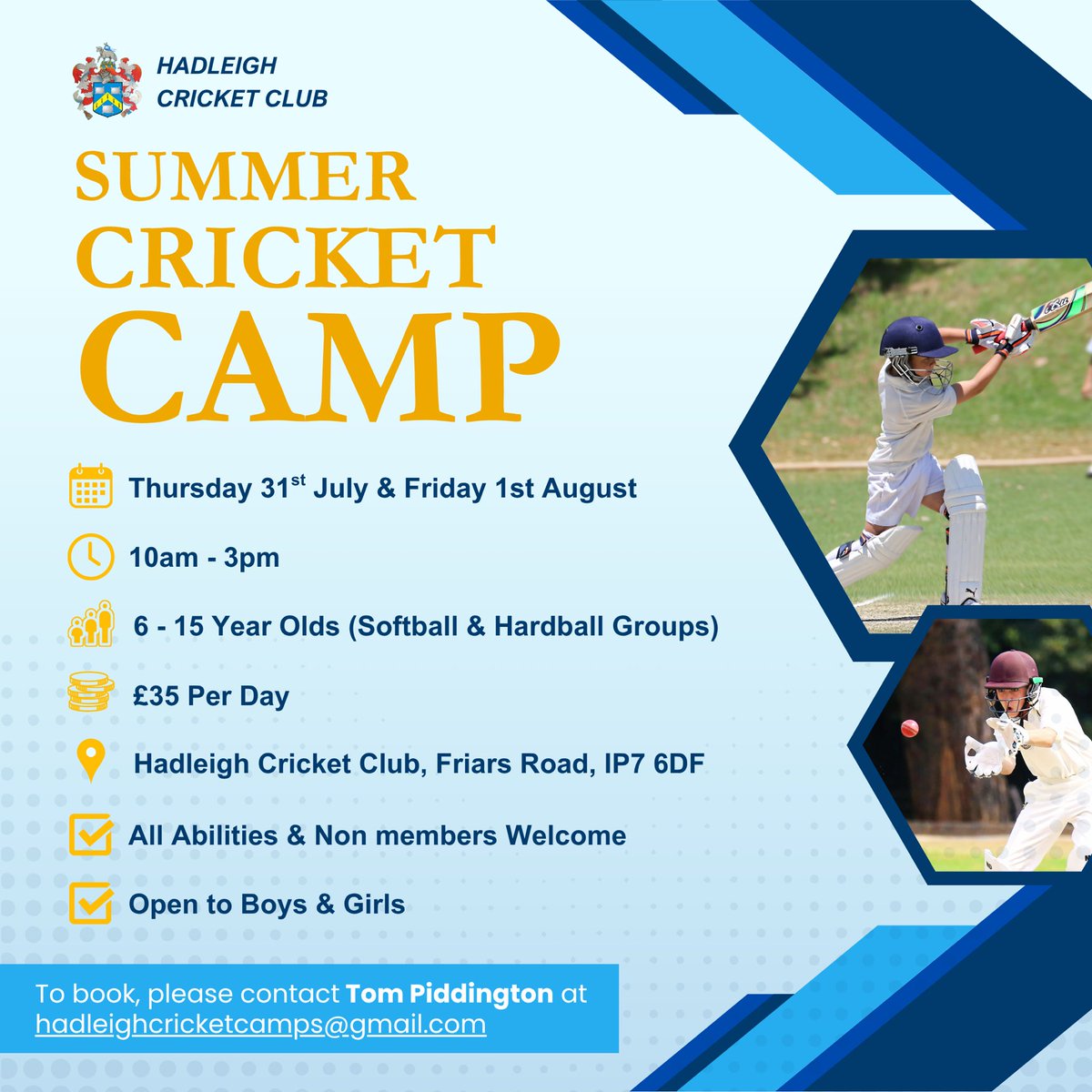 As the summer holidays draw closer, places are filling up on our cricket camp! Book your mini Ben Duckett or Sophie Ecclestone on NOW!!! #summerholidays #hadleighsuffolk #hcccricketcamp #acommunityclubforallthefamily #schoolsoutforsummer