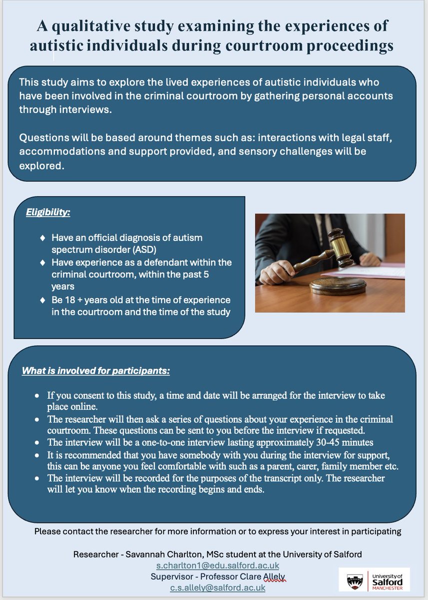 Are you autistic and have experience as a defendant in the criminal courtroom in the last 5 years? 

Please read the poster below for more information 
 
#Autism #autismawareness #autisticvoices  #Neurodivergent #autismresearch #autismcommunity #research #YourVoiceMatters