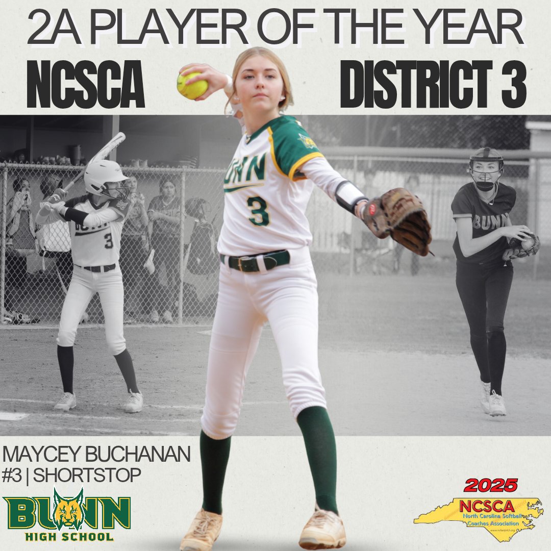 Congratulations to #BunnSoftball's Maycey Buchanan on being named the 2025 NCSCA District 3 2A PLAYER OF THE YEAR❗️ 
This includes schools from 14 counties 🙀‼️ 
What a recognition for BHS's female athlete of the year.

#GoBunn | #WeAreBunn 
💚💛🥎

ncfastpitch.org/wp-content/upl…