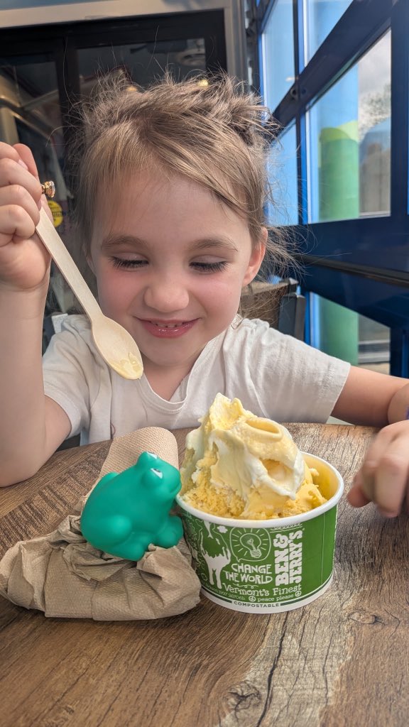 Mrs. Deffibaugh, Ember, and Froggy are at Ben and Jerry’s in Vermont.