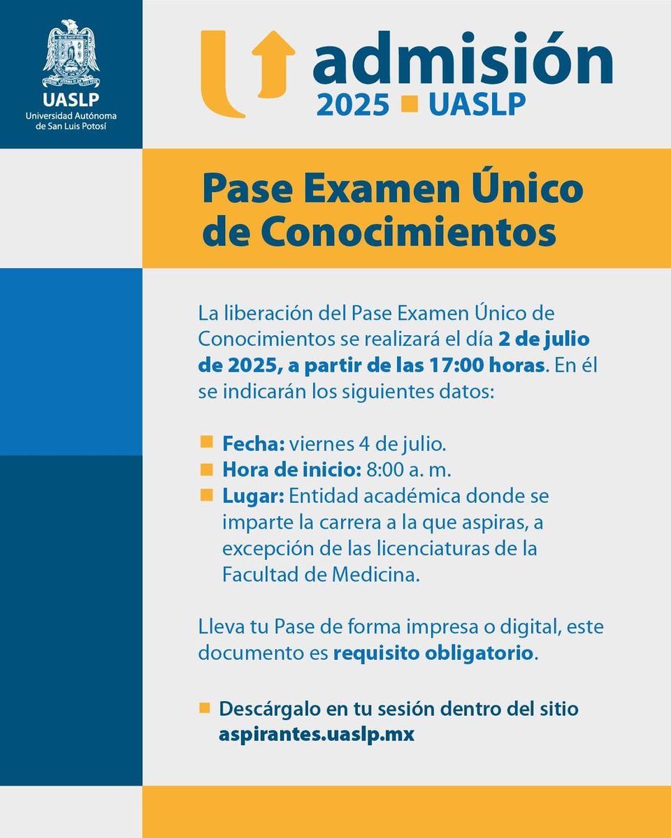 ✅ Aspirante #UASLP:

⚠️ Mañana podrás descargar tu PASE 🎫 para el Examen Único de Conocimientos. 

¡No lo olvides! 🙂