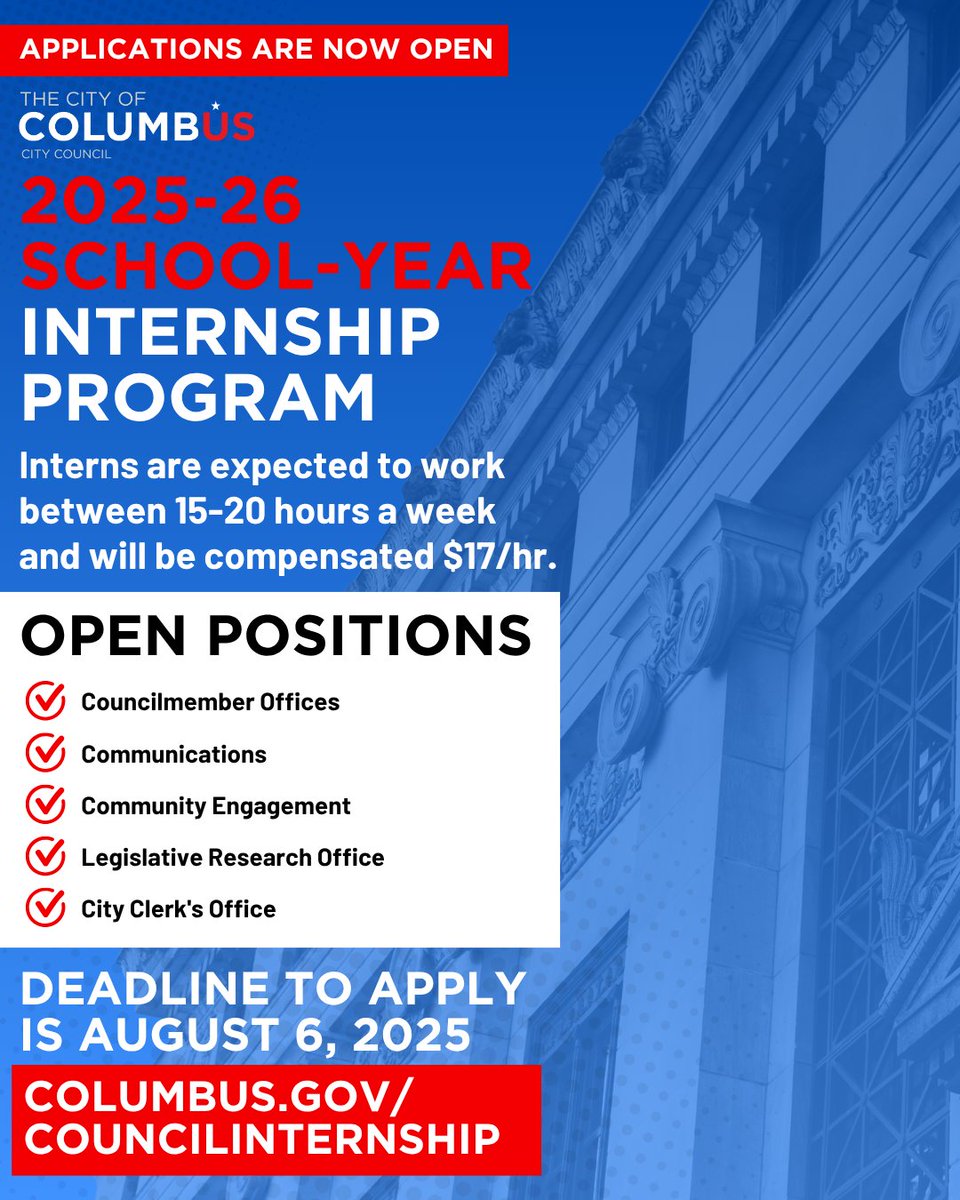 Council is now accepting applications for our 2025–26 internship cohort! This paid opportunity is open to college juniors, seniors, and first-year grad students looking to gain real experience in city government. Apply by August 6 at columbus.gov/councilinterns….