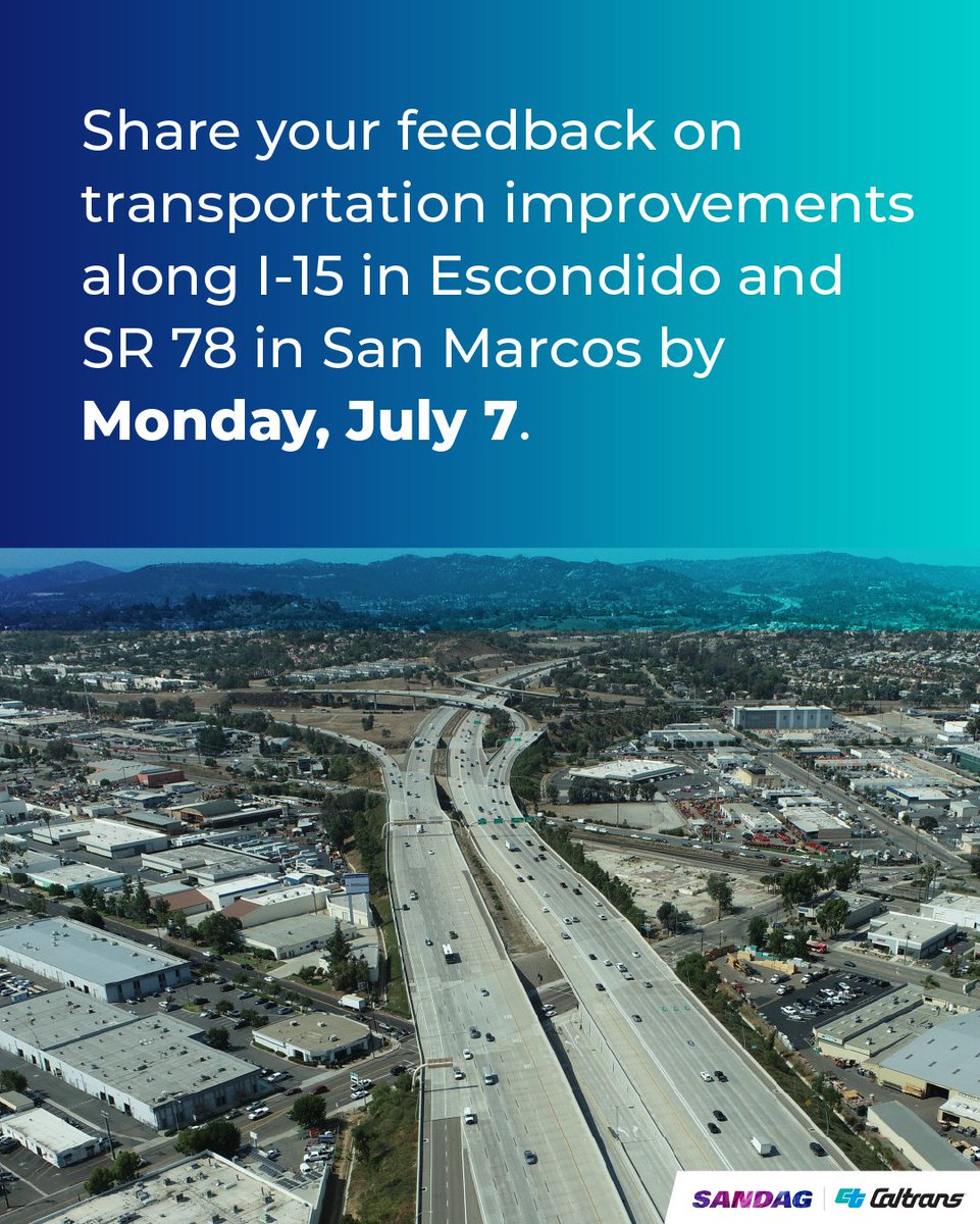 SANDAG (@sandag) on Twitter photo π¨ Reminder: Weβre working with <a href="/SDCaltrans/">Caltrans District 11</a> to study ways to improve traffic flow and connectivity along I-15 in #Escondido and SR 78 in #SanMarcos.
π
Submit your comments by Monday, July 7: bit.ly/4krUcMj π¨ Reminder: Weβre working with <a href="/SDCaltrans/">Caltrans District 11</a> to study ways to improve traffic flow and connectivity along I-15 in #Escondido and SR 78 in #SanMarcos.
π
Submit your comments by Monday, July 7: bit.ly/4krUcMj