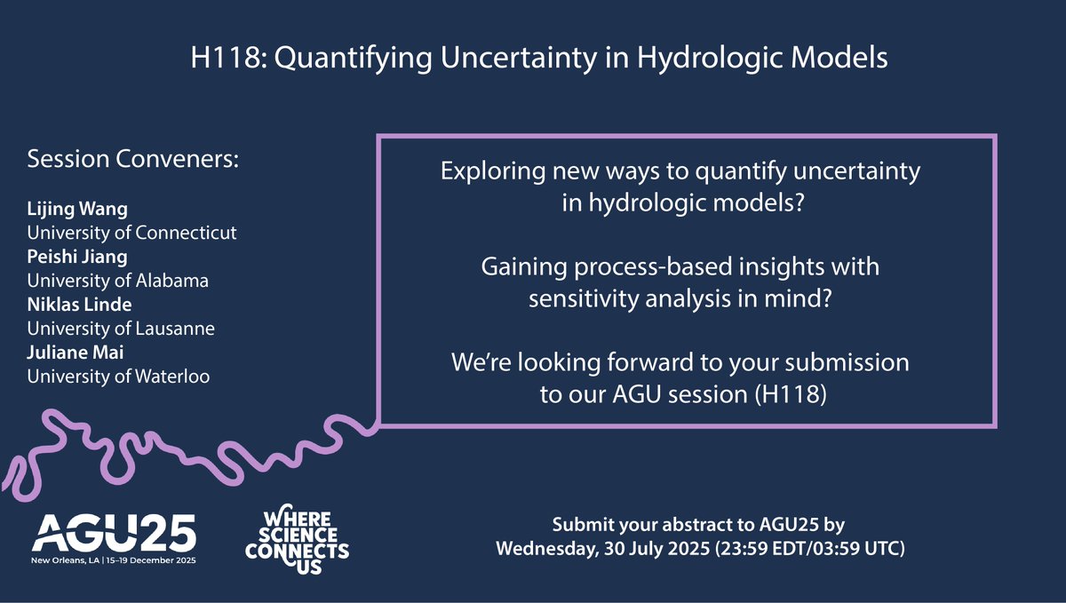 Lijing Wang (@lijingwang8) on Twitter photo We are excited to share our #AGU25 session: H118 - Quantifying Uncertainty in Hydrologic Models and invite you to submit your work! 
Session link: agu.confex.com/agu/agu25/prel… 
We hope you will join us this December in New Orleans, LA, USA! We are excited to share our #AGU25 session: H118 - Quantifying Uncertainty in Hydrologic Models and invite you to submit your work! 
Session link: agu.confex.com/agu/agu25/prel… 
We hope you will join us this December in New Orleans, LA, USA!